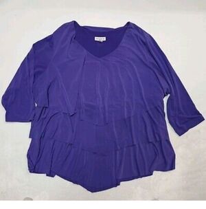 Susan Graver Purple V Neck Long Sleeve Stretch Liquid Knit Tiered Size 3x